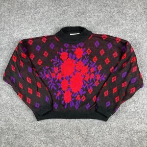 Laura Peterson Sweater Womens L Black Red Floral Vintage 80s